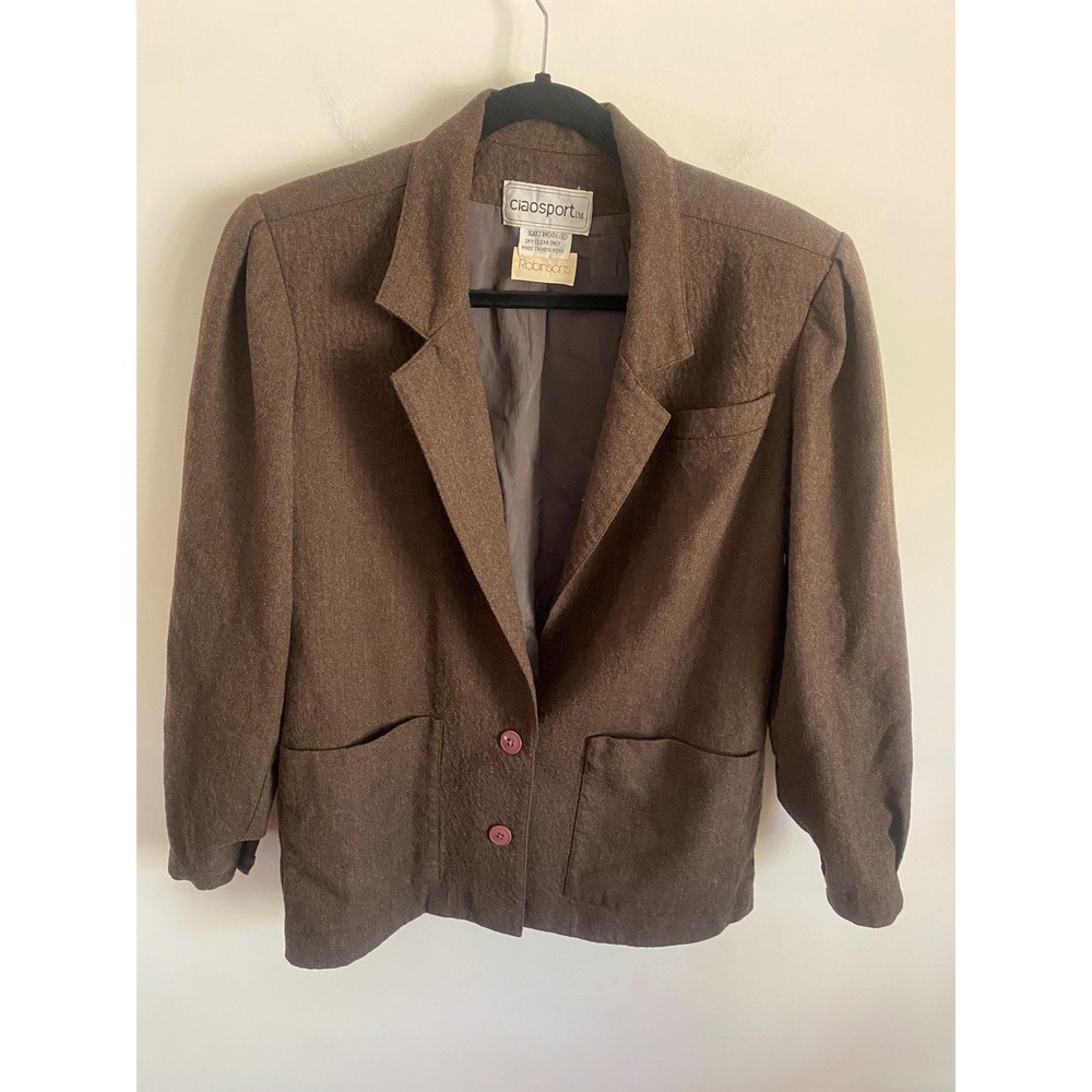 Vintage Ciaosport Ltd Brown 100% Wool Blazer Jacket Womens Size 6 Made in HK